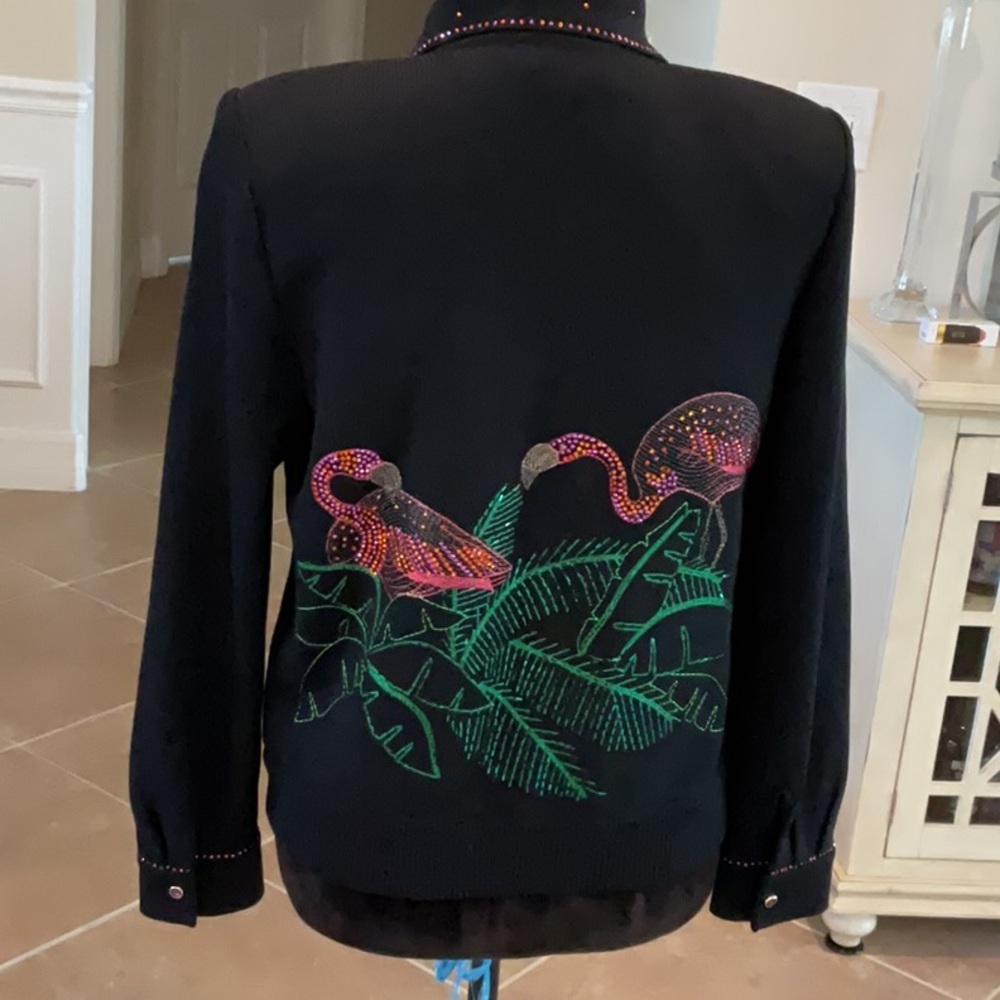 St. John Evening by Marie Gray, black zipfront knit, flamingo back, size 4